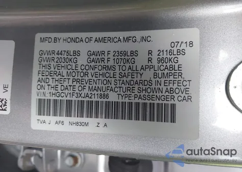 2018 Honda Accord Sport z USA, uszkodzony, nr VIN 1HGCV1F3XJA211886